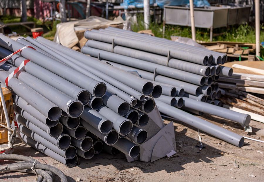 Stacked PVC septic pipe and fittings waiting beside an open jobsite