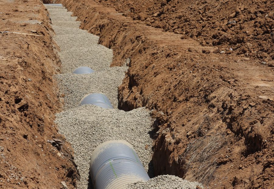Open trench with new septic pipe bedded in clean washed gravel