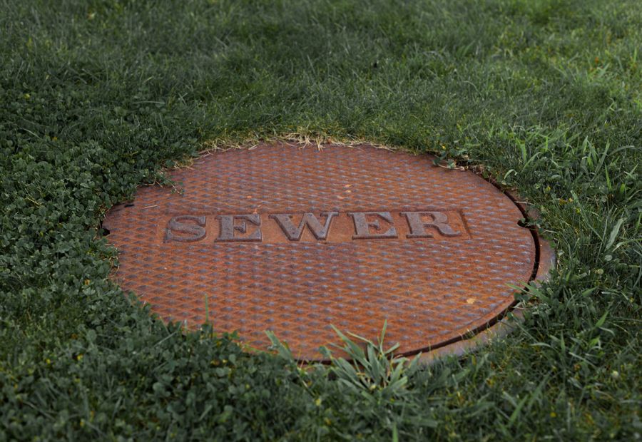 Heavy septic access lid set flush into a mown lawn
